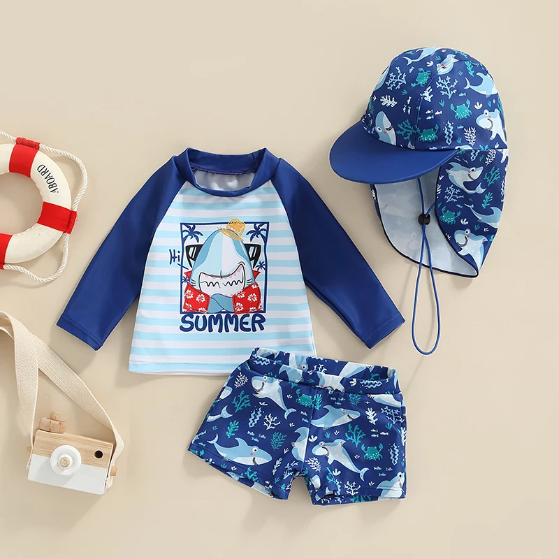 2022-03-29 Lioraitiin 0-4Years Toddler Kid Boy Swimsuit, Cartoon Striped Shark Print Summer Beach Long Sleeve Tops Shorts Hat