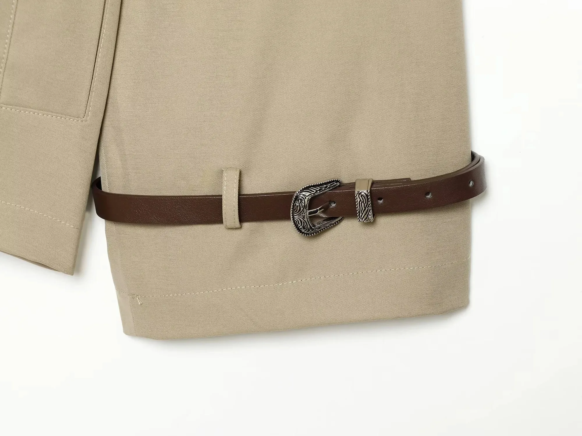 Damen 2026 Neue Modekollektion Khaki Eleganter Doppelreihiger Gürtel-Trenchcoat mit Schulterklappen Kurzer Windbreaker Damen-Oberbekleidung – Detail 5