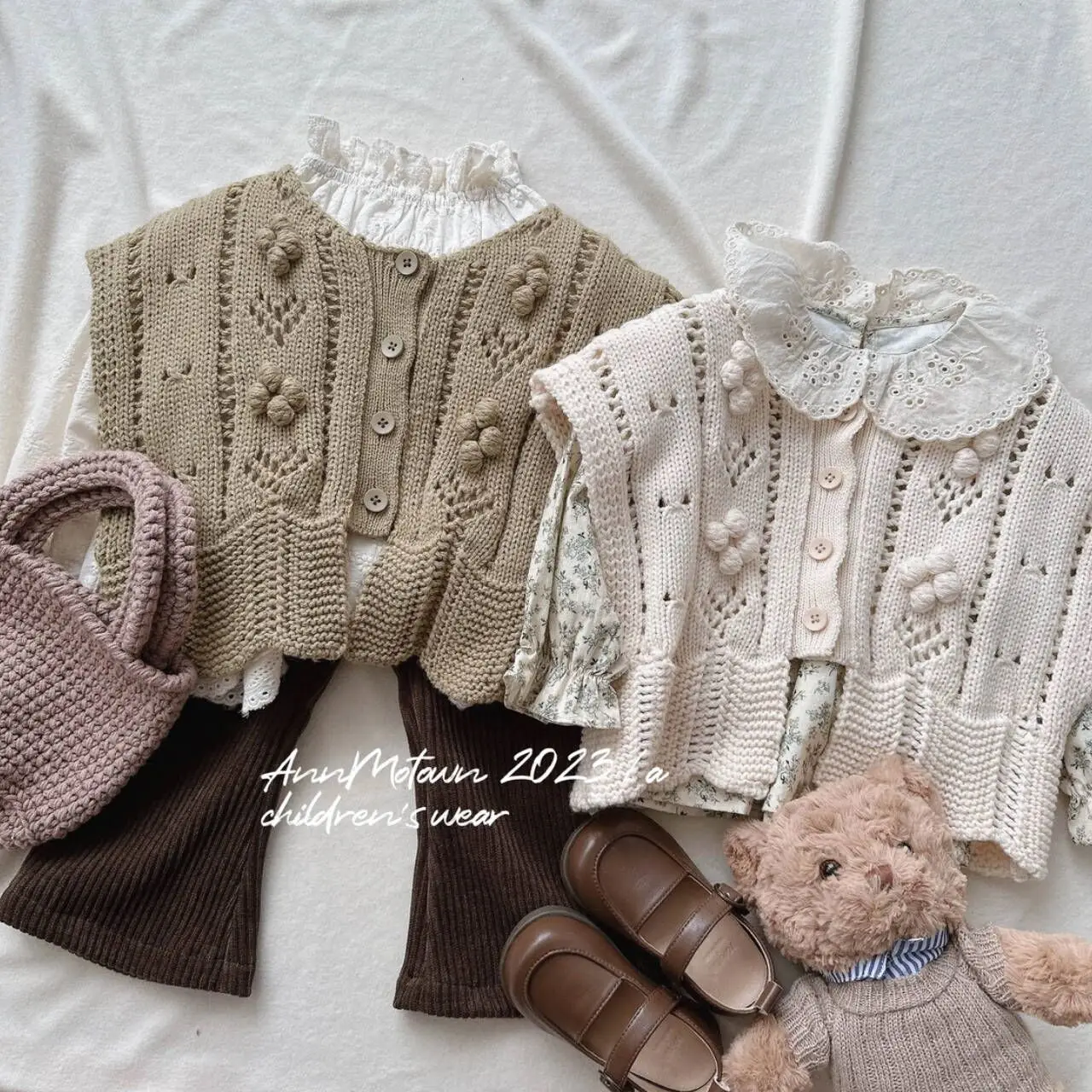 Girl Tops 2023 Autumn New South Korean Girl Hand-made Crocheted Sweater Vest Foreign Embroidered Woolen Sweater Girls Sweater