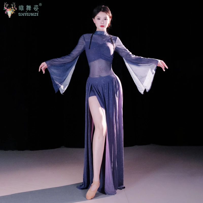 

Профессиональный костюм для танца живота для женщин, сетчатый топ с длинными рукавами + марлевая длинная юбка, тренировочный комплект, одежда для восточного танца живота