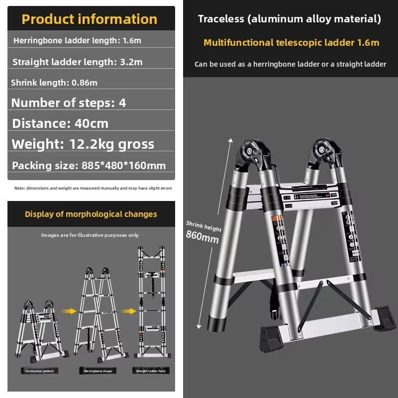 Reinforced Aluminum Alloy Multifunctional Folding Telescopic Ladder, Foldable Zigzag Ladder With Variable Vertical LadderA13