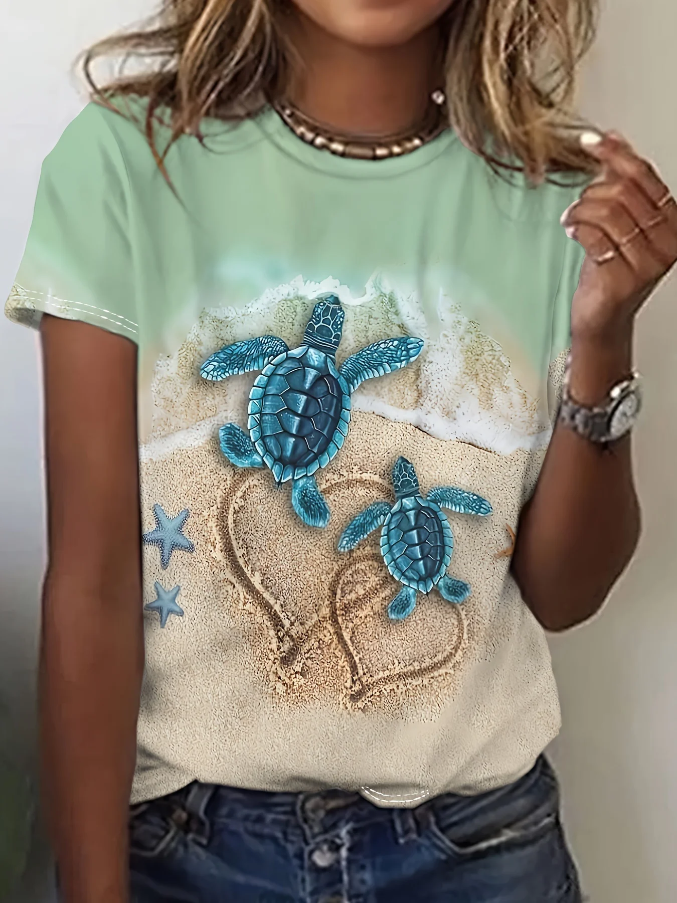 Mint Beach Turtle Women's Tee - Blue Turtle Pair & Heart Sand Graphic, Coastal Vacation Print Design for Casual Daily Wear