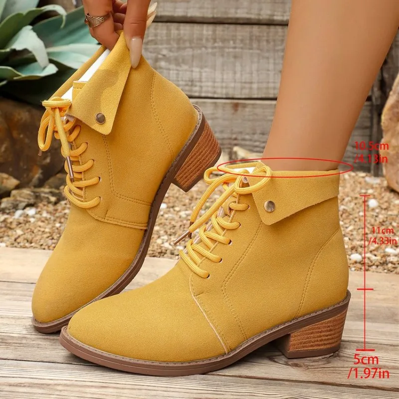 2026 Fashion Women's Ankle Boots Yellow Side Zip Lace Up Women Shoes New Trend Versatile Shoes