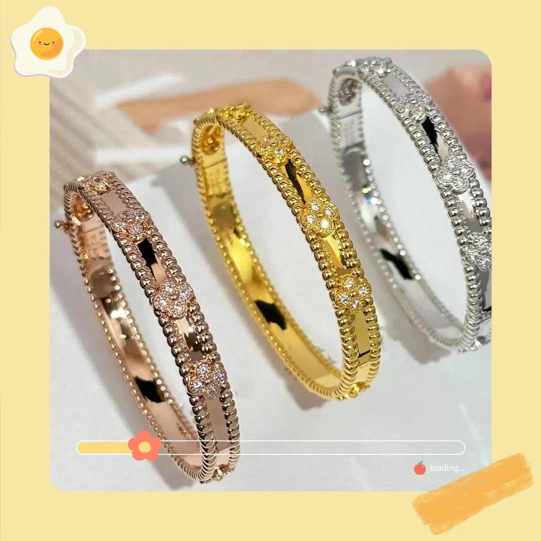 

925 High-quality Silver Four-leaf Clover Rose Gold and Silver Fully Inlaid Gemstone Women's Bracelet DIY Holiday Gift