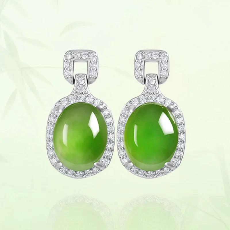 

High grade authentic spinach green natural Hotan Jade jasper earrings women's S925 silver inlaid temperament simple jewelry