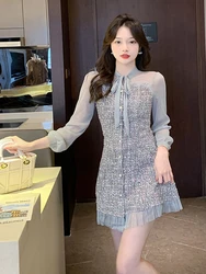 Spring Summer Fashion Chiffon Lantern Sleeve Patchwork Tweed Mini Dress Women Ribbon Bow Pearl Button Bodycon Mini Dress