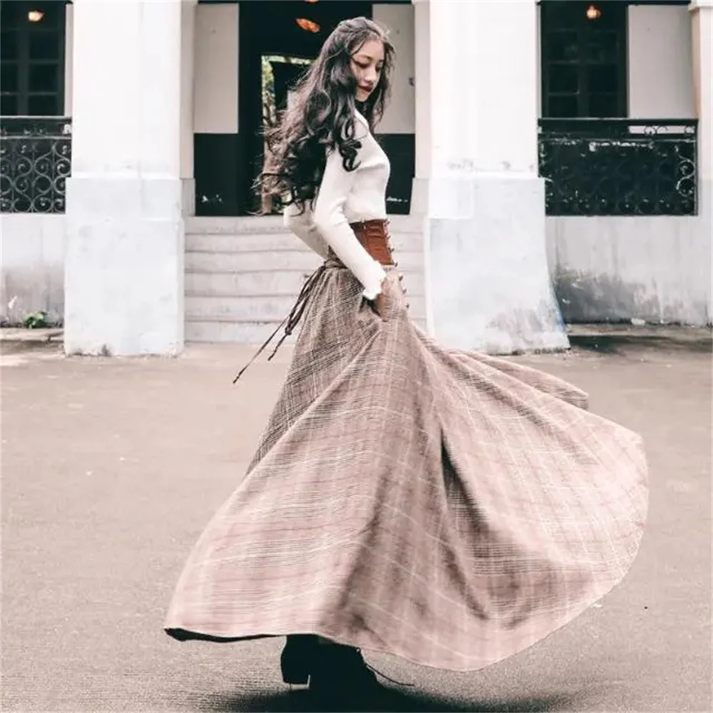 Vintage Plaid High Waist Long Skirt Women Autumn Winter A Line Front Midi Skirt Retro Checkered Pencil Skirt Fashion Streetwear