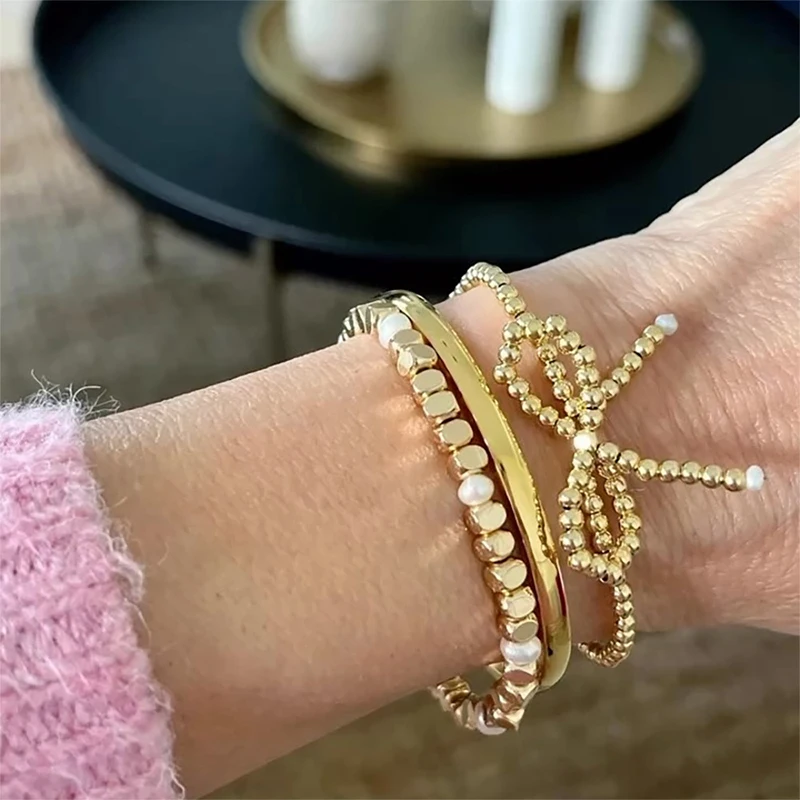 

PAPERPLUS | 18k Gold Beaded Bow Bracelet for Women.Handmade Charms Jewelry. Lovely. New