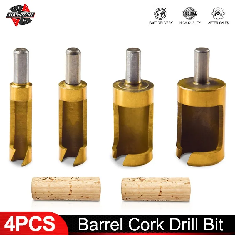 4pcs 6/8/13/16mm Titanium Coated Cork Drill High Carbon Steel Barrel Plug Drill Cutter Cork Spike Hole Saw Wood Tool Drill Bits