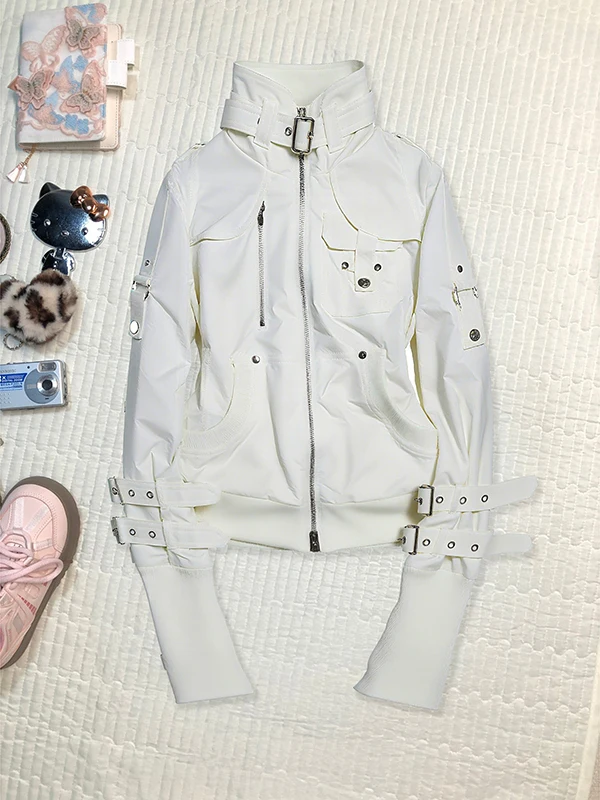 

BaoYao Girl Original Bla Jaet Women's Spring Autumn Workwear Design American Retro Top Cotton Blend Long Sve Zipper