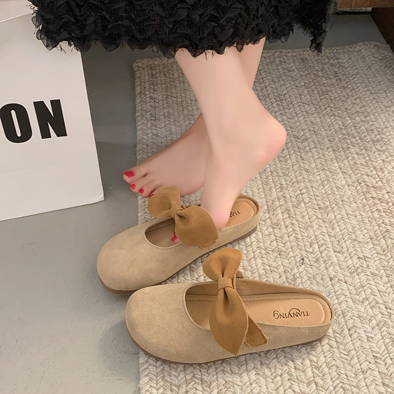 Spring New Baotou Slippers Women's Round Head Shallow Mouth Suede Butterfly Knot Soft Sole Anti-slip Wear-resistant Flat Shoes