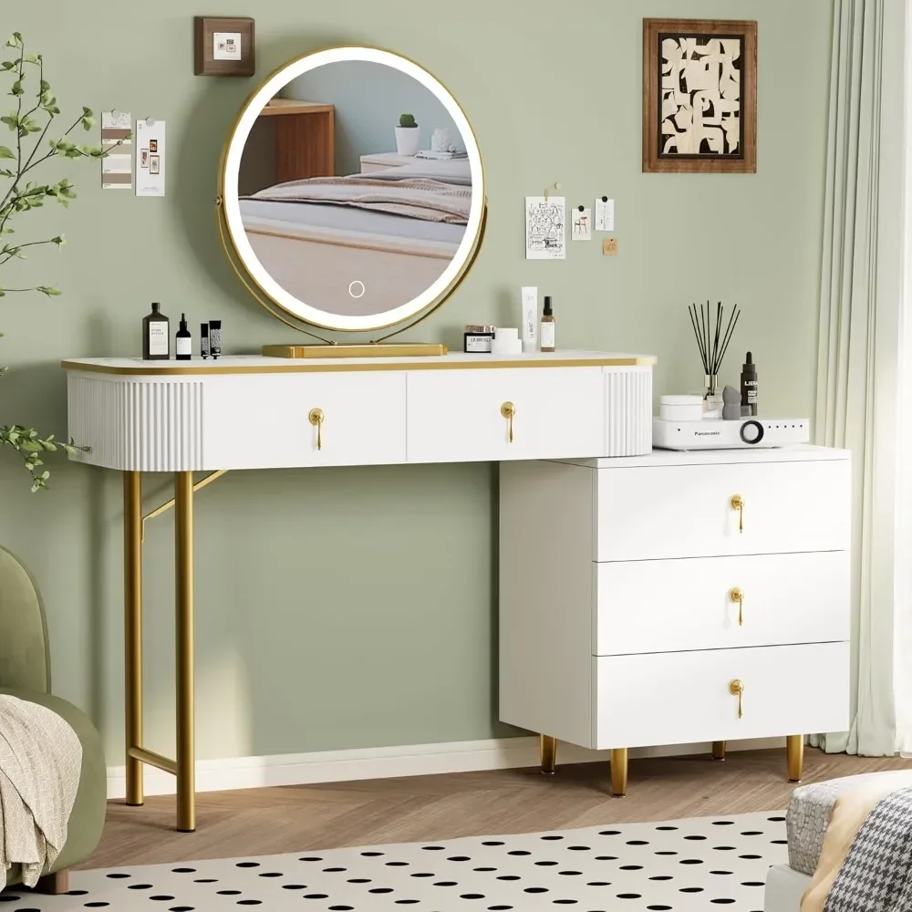 Nordic Makeup Vanity Desk with Mirror and LED Lights, Modern Table with 3 Color Touch Screen, Large with Storage