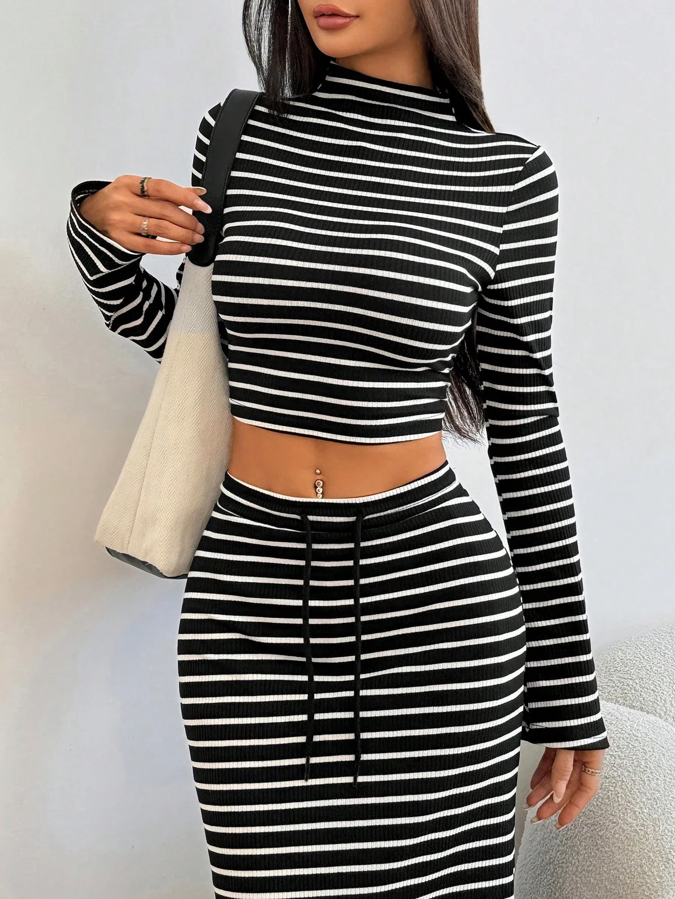 Spring Autumn Fashion Casual Women's Collared Long Sleeve Striped Short Top with Drawstring Waist Long Skirt 2-Piece Set