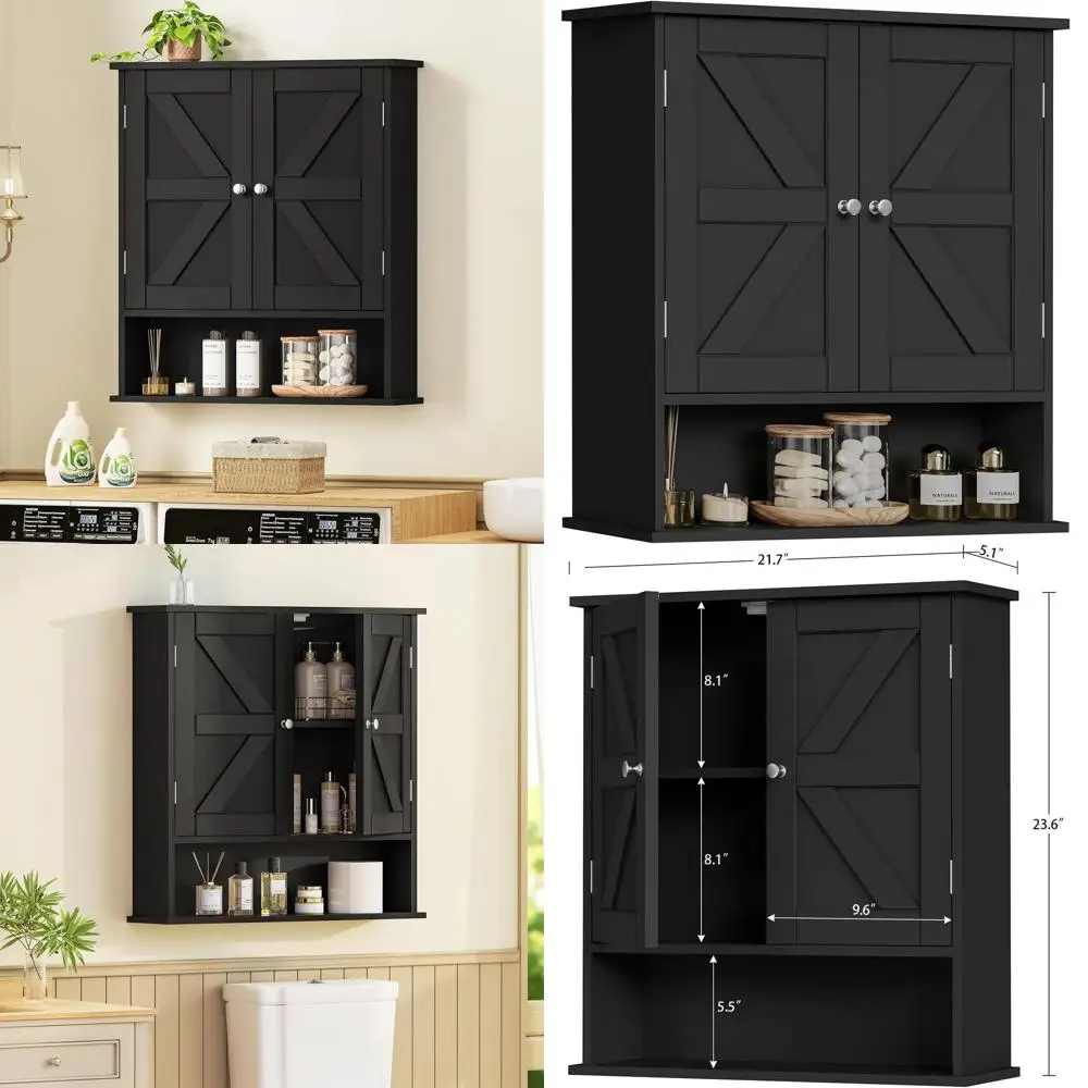 

Over Toilet Storage Cabinet with Barn Door and Adjustable Shelves, Black, 21.6W x 5.1D x 23.6H
