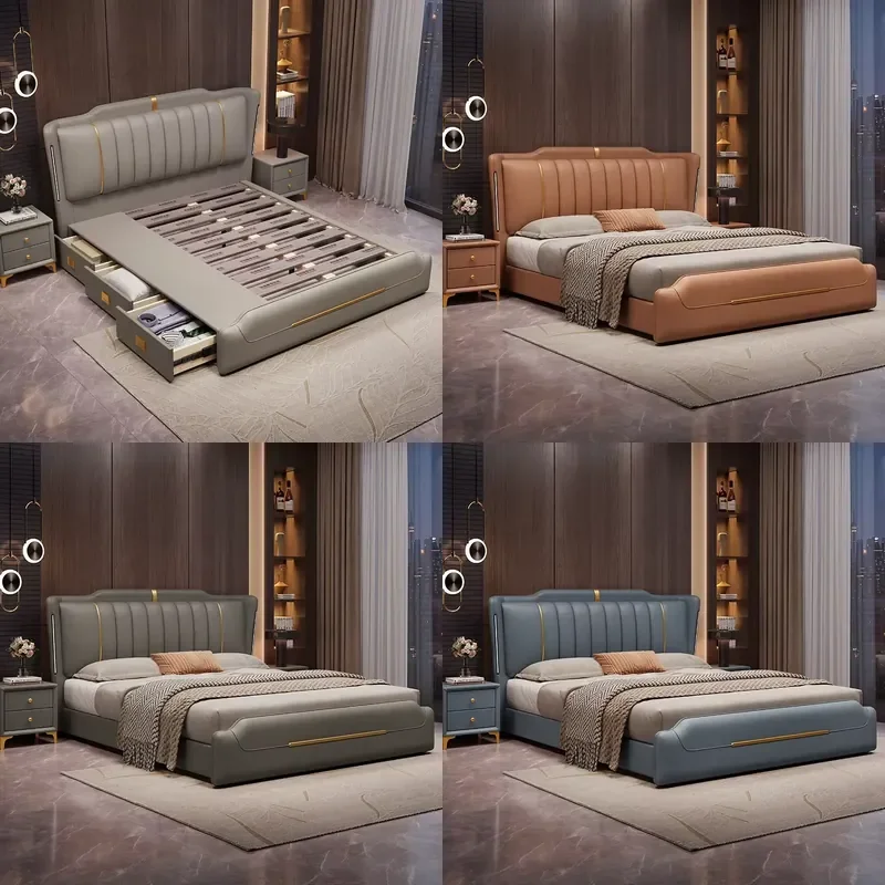 Modern Soft Floating Storage Bed Queen/King Size Platform Frame Pine Wood Leather Upholstery Tufted Adjustable Furniture