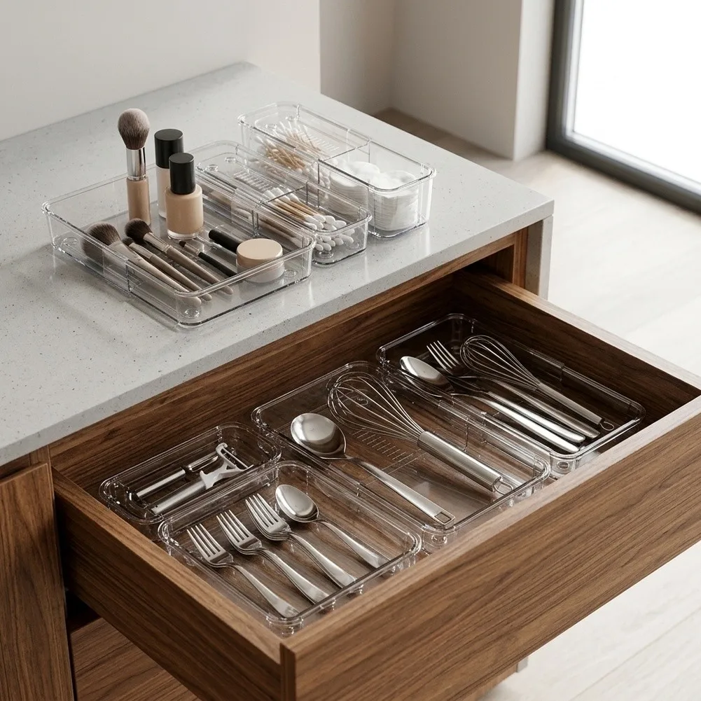 Expandable Clear Drawer Organizer Set for Storage in Kitchen Bathroom Office Drawers 8 PET Trays for Small Items