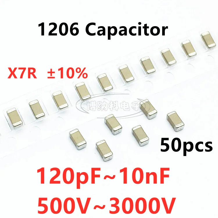 50pcs SMD Capacitor 120/150/180/220/270/330/390/470/560/680/820PF 1/1.2/1.5/1.8/2.2/3.3/4.7/6.8/8.2/10NF 1000V 2 3KV 10%X7R