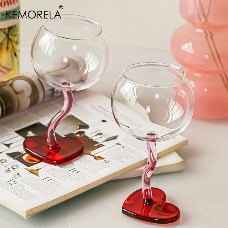 KEMORELA Red Heart Bottom Glass Goblet Mug Red Wine Glass Cup Borosilicate Heat-resista Glass Cocktail Glass Valentine's Day