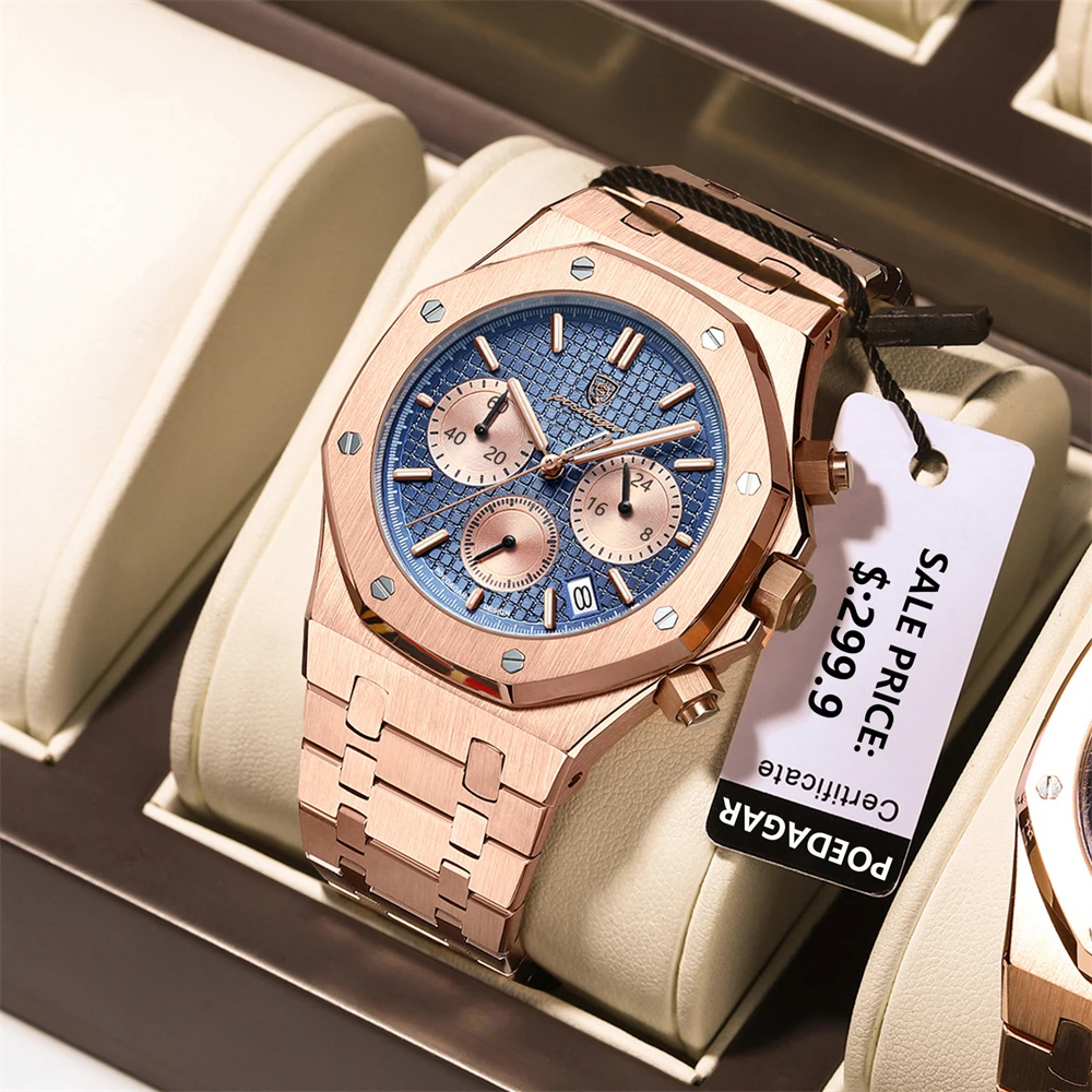 POEDAGAR, relojes originales de lujo para hombre, cronógrafo con fecha, reloj de cuarzo de acero inoxidable, reloj de pulsera luminoso resistente al agua a la moda para hombre