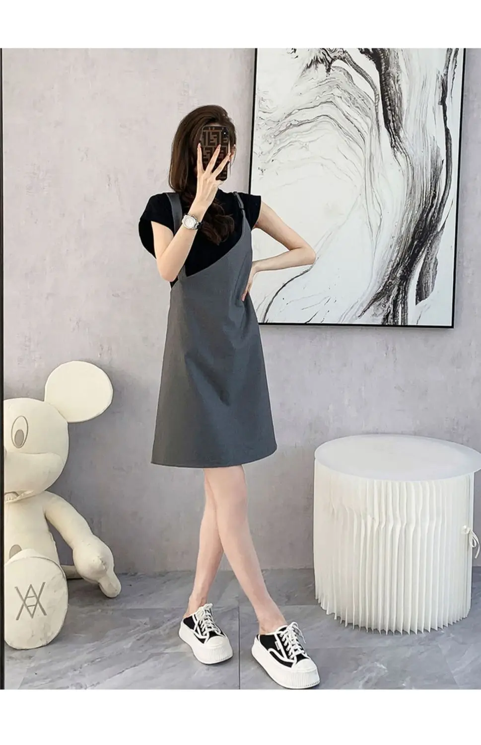 อารมณ์และลดอายุ High-end Contrasting สี Splicing เสื้อยืดสองชิ้นฤดูร้อนใหม่เอวกอดชุดกระชับสัดส่วน