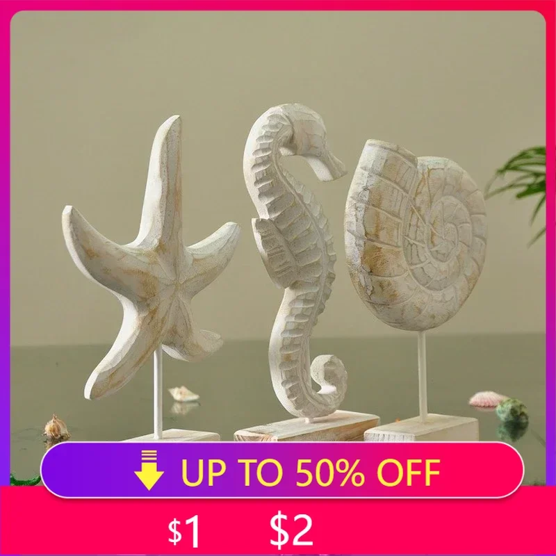 Mediterranean Style Wood Carving Starfish Conch Hippocampus Decorative Accessories for Home Living Room Marine Themed Craft