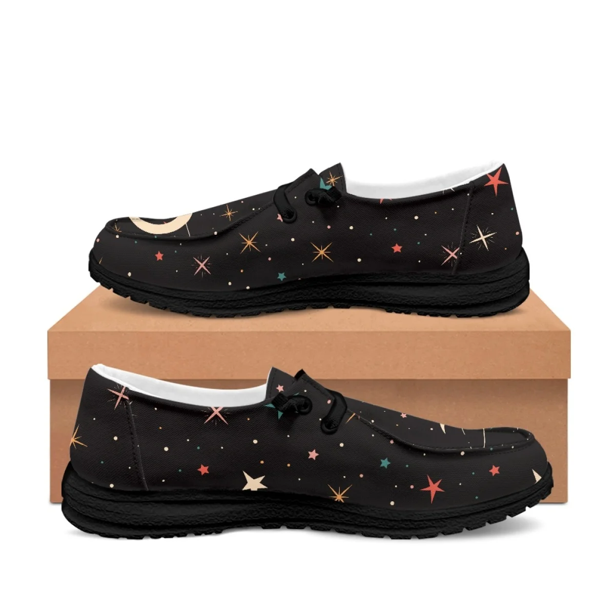 INSTANTARTS Star and Moon Print Women's Daily Versatile Canvas Shoes Men's Fashion Loafer Non-Slip Lightweight Slip-On Boat Shoe