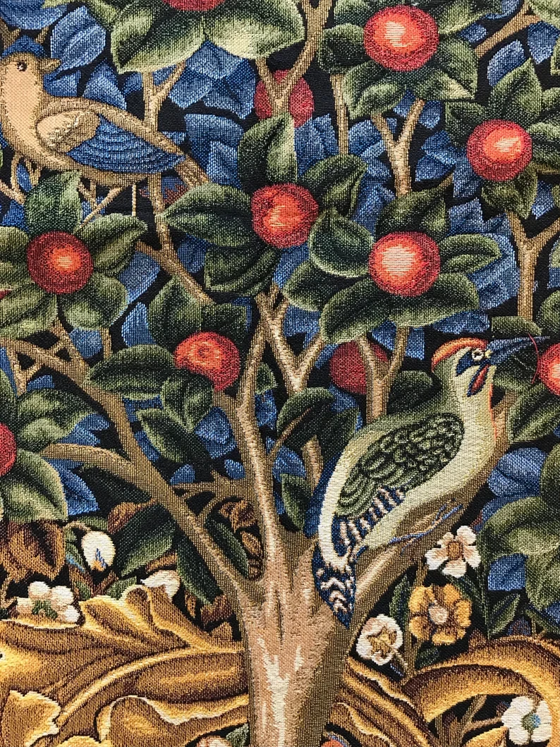 Blossoming Fruits Tree Of Life Belgian Woodpecker Orange Dark Blue Ornament Mille Fleur Wall Tapestry Classic Home Decor