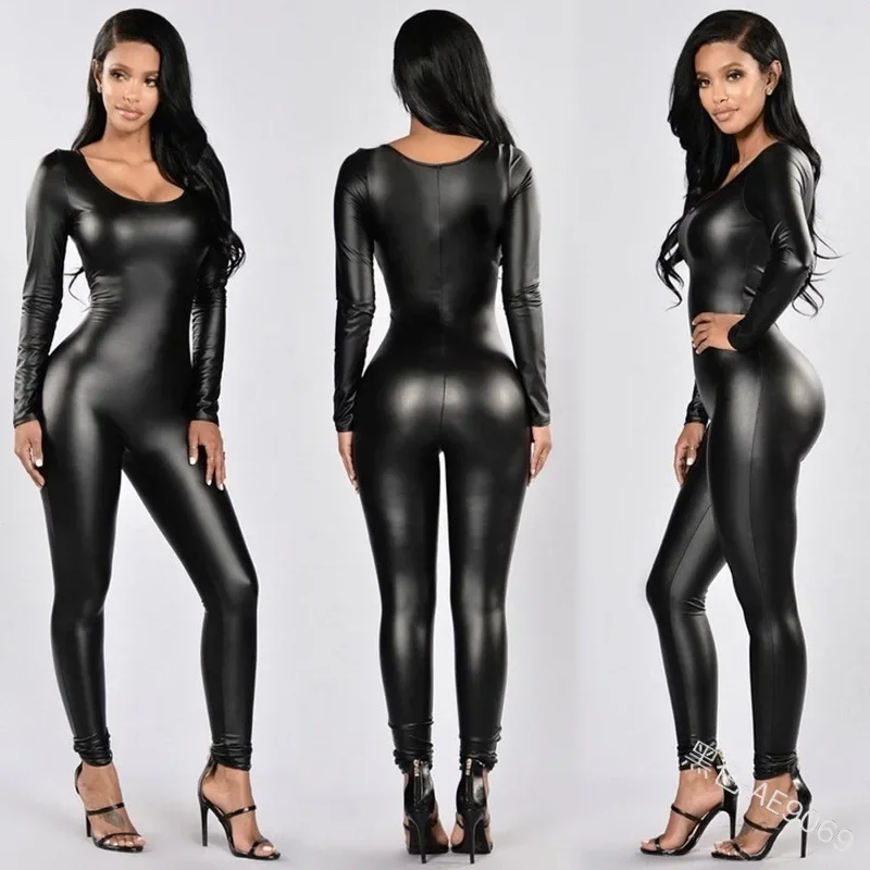 Vrouwen jumpsuit lakleer sexy zwarte lange mouw jumpsuit vrouwelijke uniform bodysuit