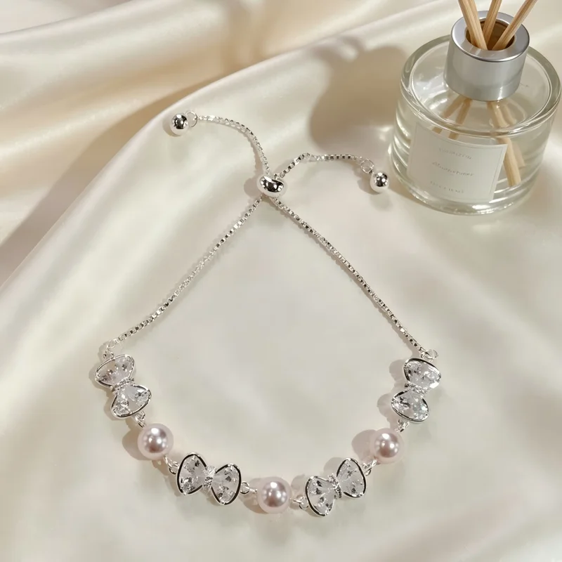 Sweet Crystal Bowknot Pearl Bracelet Women Silver Color Adjustable Chain Elegant Korean Fashion Jewelry Party Gift