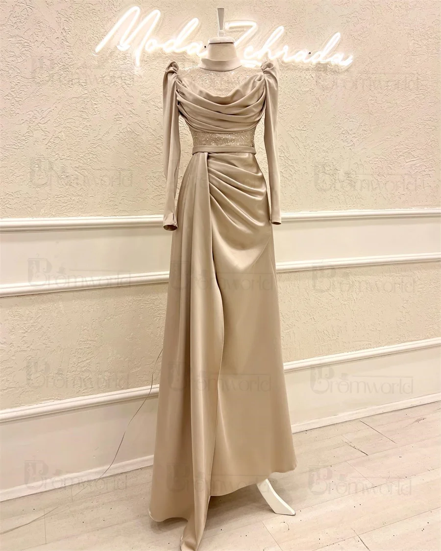 Fashion Hijab Long Sleeve Muslim Evening Dresses Woman Elegant Satin Sequin High Neck Arabic Islamic Formal Dress A Line Gown