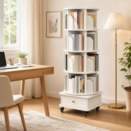 5 Tier 360° Rotating Bookshelf with Drawer & Lockable Wheels, Warm White Round Spinning Book Tower, Space Saving