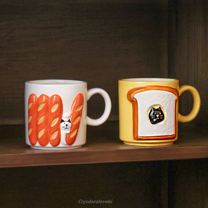 

2pcs Japanese-style Ceramic Bread Cat Mug Cute Toast Milk Oatmeal Cup Creative Water Cup High-value Breakfast Cup