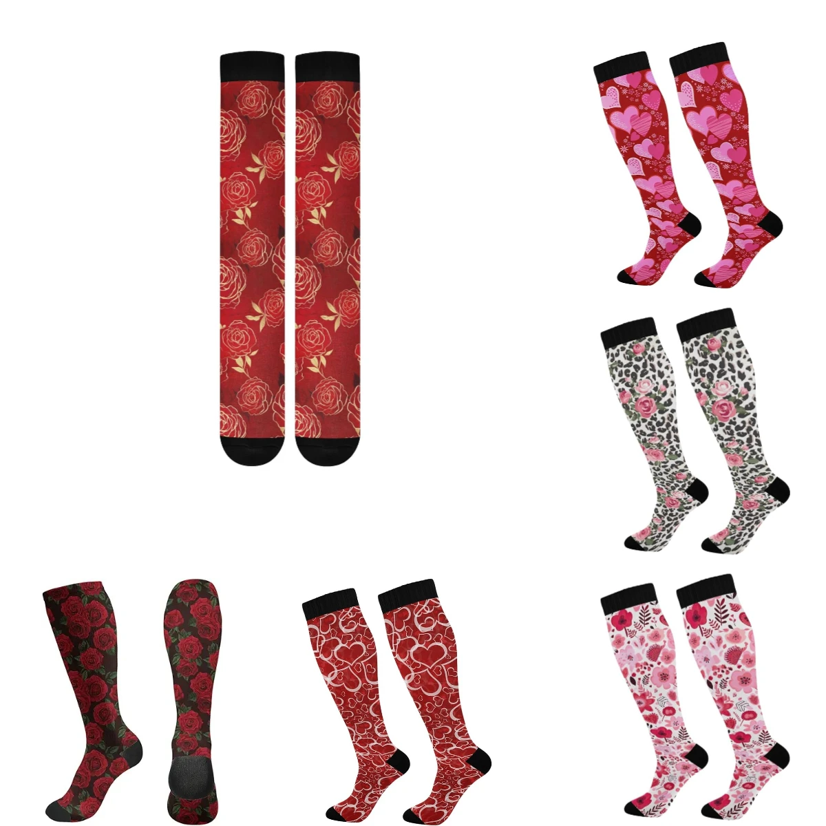 Compression Socks for Women Men, Gold Roses Red 20-30mmHg Knee High Athletic Stockings, Running Cycling Sport Travel