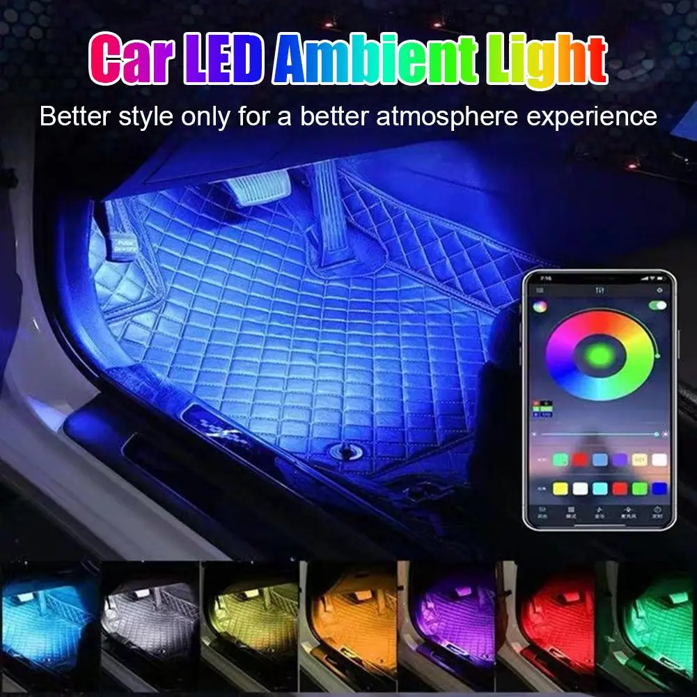 LED Car Interior Ambient Foot Light Strip Neon Lighting Music App Remote RGB Kit USB Lamps Decorative W/ Auto Backlight Con W7U5