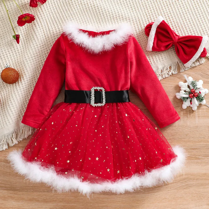 1 to 5 Years Christmas Baby Girl Dress Long Sleeve Velvet Mesh Yarn Stitching A-line Dress with Headband Baby Clothing