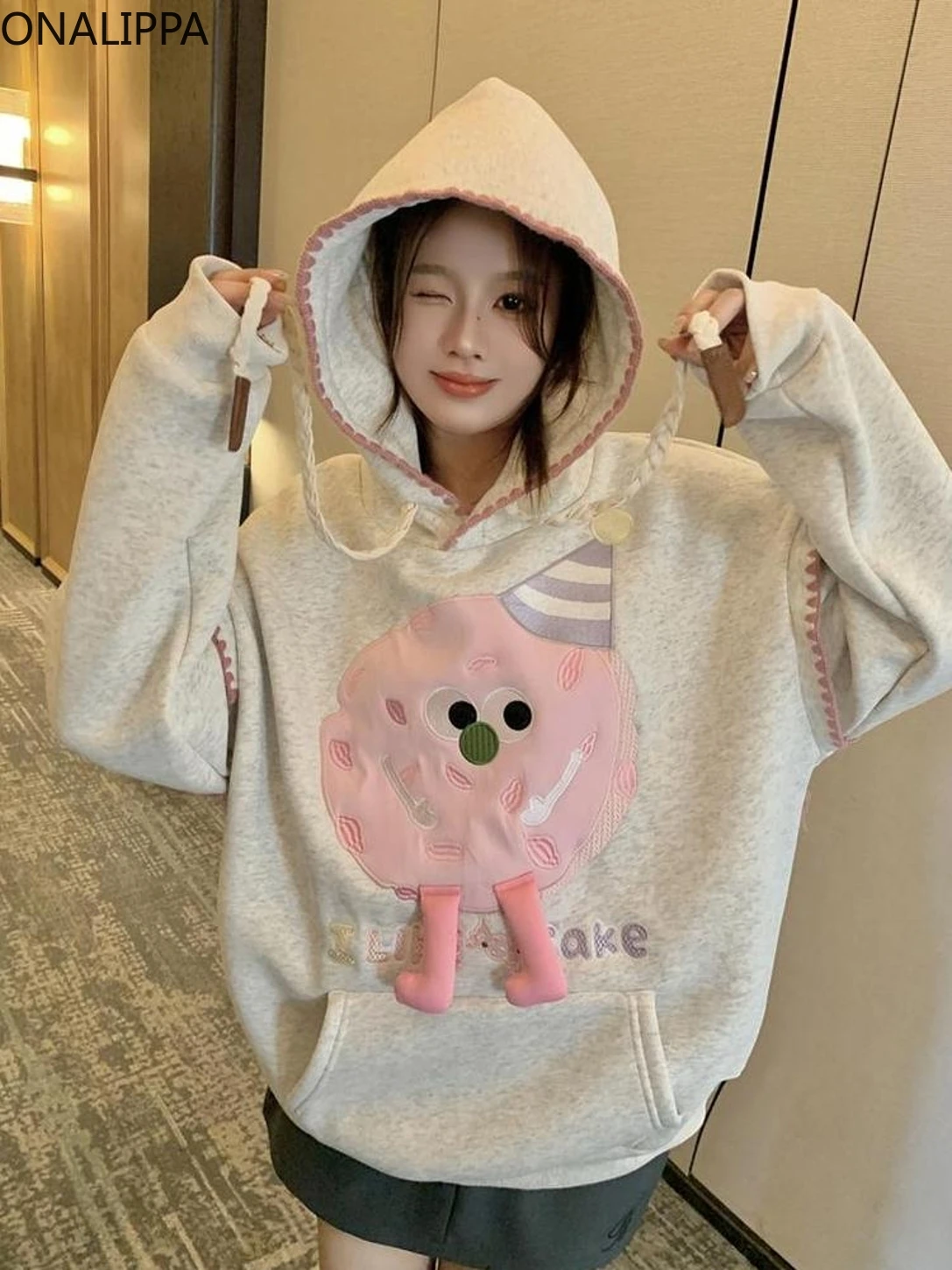 Onalippa Contrast Kawaii Sweatshirt Hoodie Women Hooded Pink Cartoon K Pop Clothes Korean Slouchy Style Patchwork Hoodies