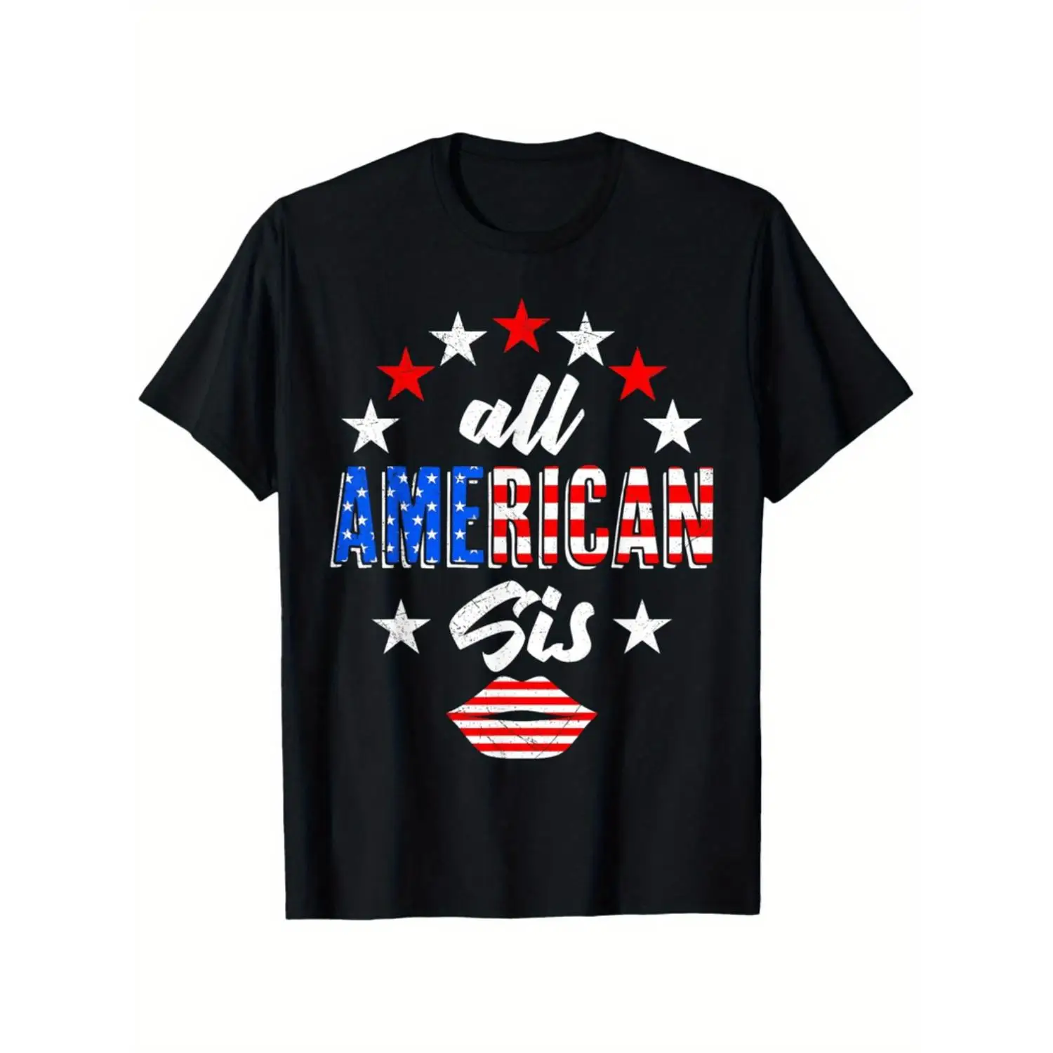 

Women's All American Sis T-Shirt 4th of July Patriotic Flag Lips Tee Sister Love Independence Day Gift Casual Top