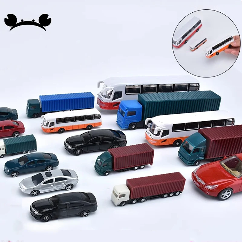 HO Scale Model Vehicle Set Miniature Car Truck Bus Container Lot for Railway Layout Scenery Architectural Diorama Decor