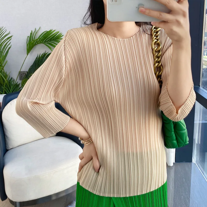 pleated top women\'s spring and summer simple three-quarter sleeves slim basic gentle wind t-shirt Casual Solid