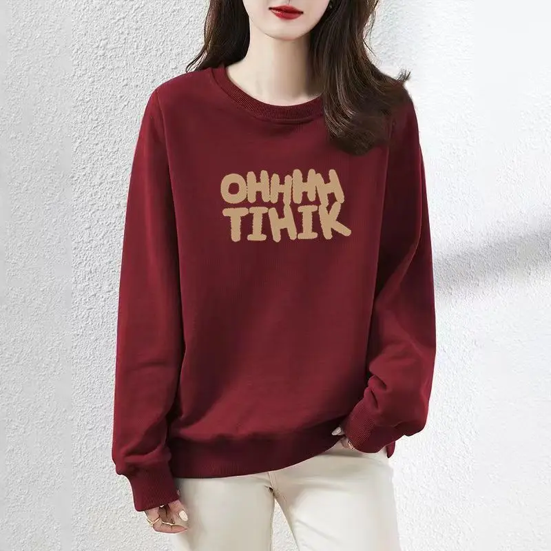 Simplicity Casual Autumn Winter Women O-Neck Letter Printing Korean Fashion Trend Versatile Loose Long Sleeve Sweatshirts Tops