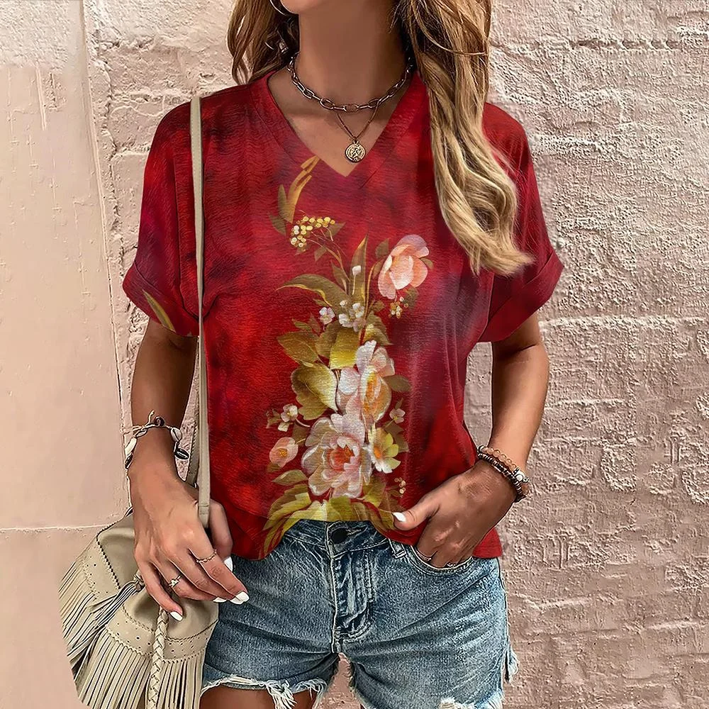 Summer Women's T Shirt Flower Print Casual Short Sleeve 3D T Shirts Fashion Streetwear V Neck Pullover Oversized Female Clothing