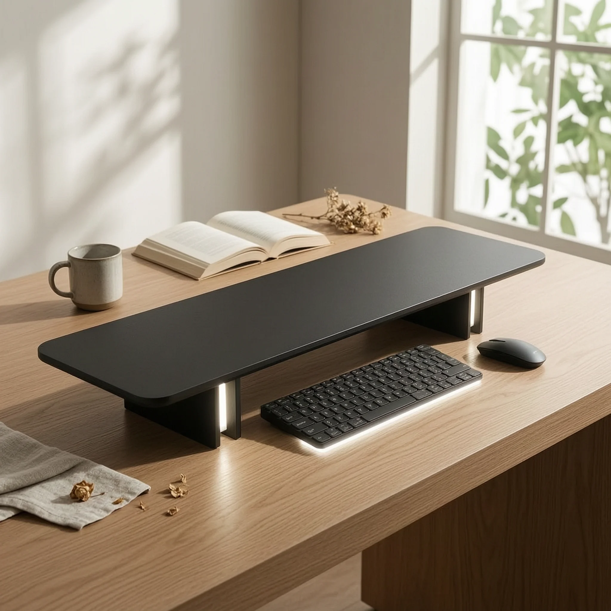 Monitor Riser with Light Illuminated Wooden Monitor Riser Desk Shelf Black Desktop Organizer Space-Saving for Gamers