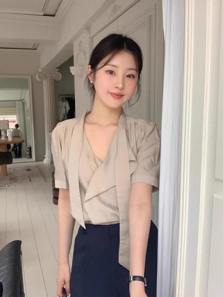 

Ezgaga Women Shirts Ribbon Ruched Summer Fashion Vintage Loose Short Sleeve Solid Elegant Temperament Office Lady Blouse