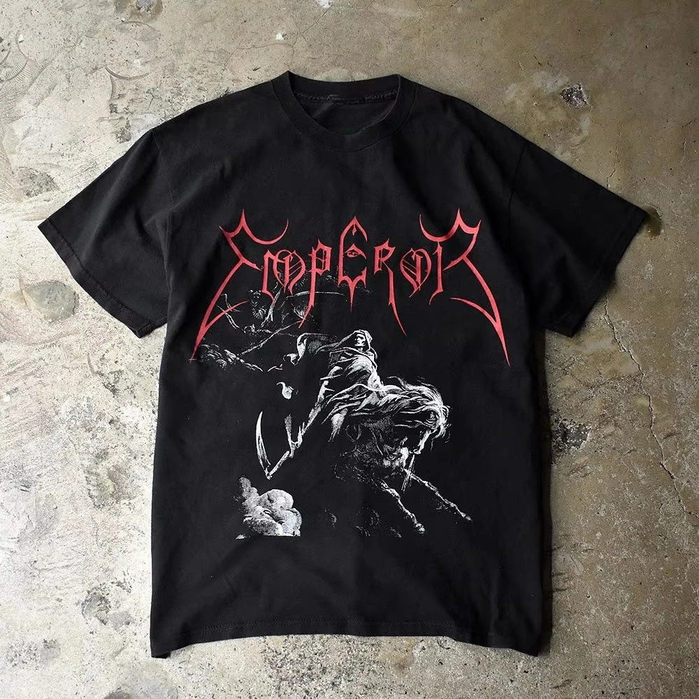 

Футболки из хлопка в стиле норвежского черного металла, рок, дарк-панк, хип-хоп, с принтом Emperor 1991, для мужчин и женщин, ретро, удобные, свободные, уличная одежда