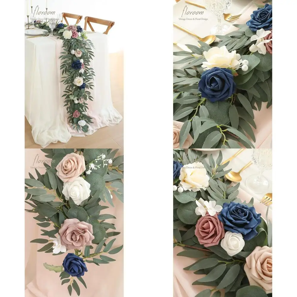 

6-футовая эвкалиптовая гирлянда с пыльной розой и темно-синими цветами для декора свадебного и праздничного стола