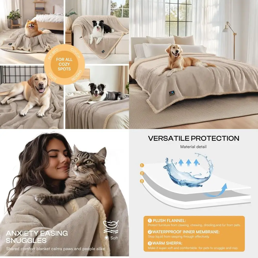 Funda de sofá reversible de forro polar Sherpa, manta impermeable para perros para sofás, adecuada para mascotas pequeñas a grandes, tamaño king beige oscuro (