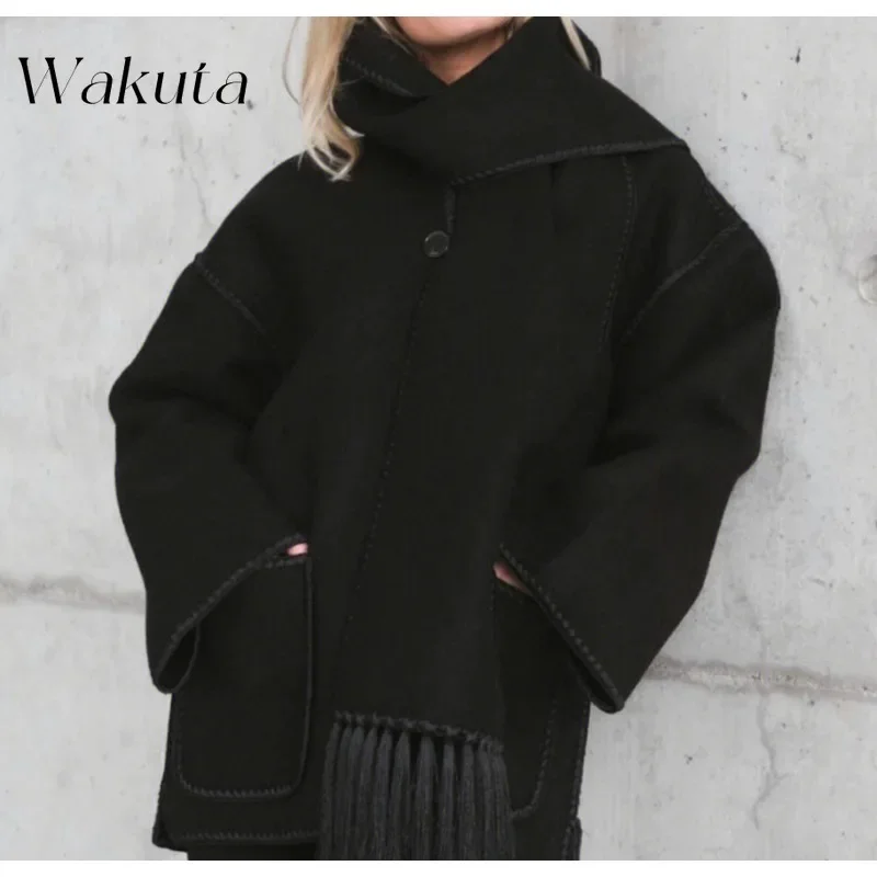 WAKUTA Fashion Fall Scarf Collar Long-sleeved Splicing Short Coat Simple Double-sided Nylon Gray Tassel Loose Embroidery Jackets