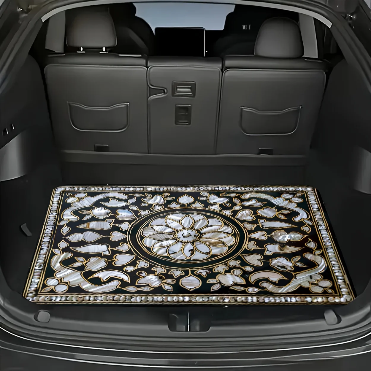 Crystal Velvet With Dotted Plastic Backing, Car Trunk Mat Featuring A Black Base With Interwoven Geometric Patterns In A Vintage