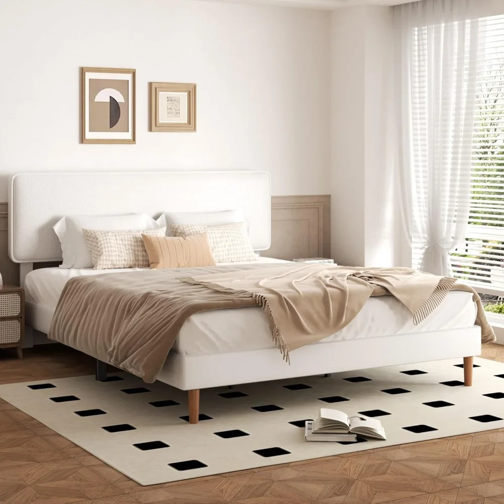 

King Size Upholstered Bed Frame with Adjustable Headboard, Faux Leather Platform Bed with Wood Slats, Lychee Grain Leather, No B