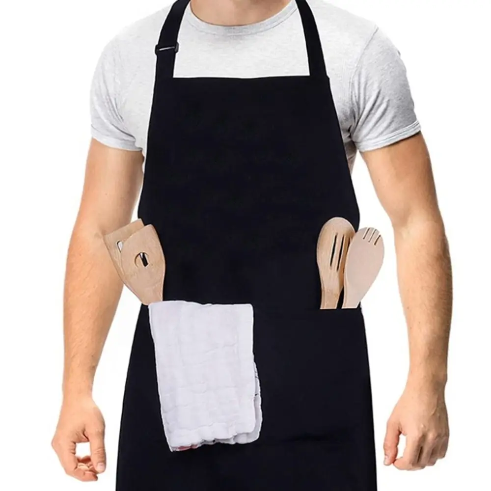 

Polyester Cotton Waterproof Apron Black with large pocket Chef Work Apron Adjustable Anti Dirty Coffee House Uniform